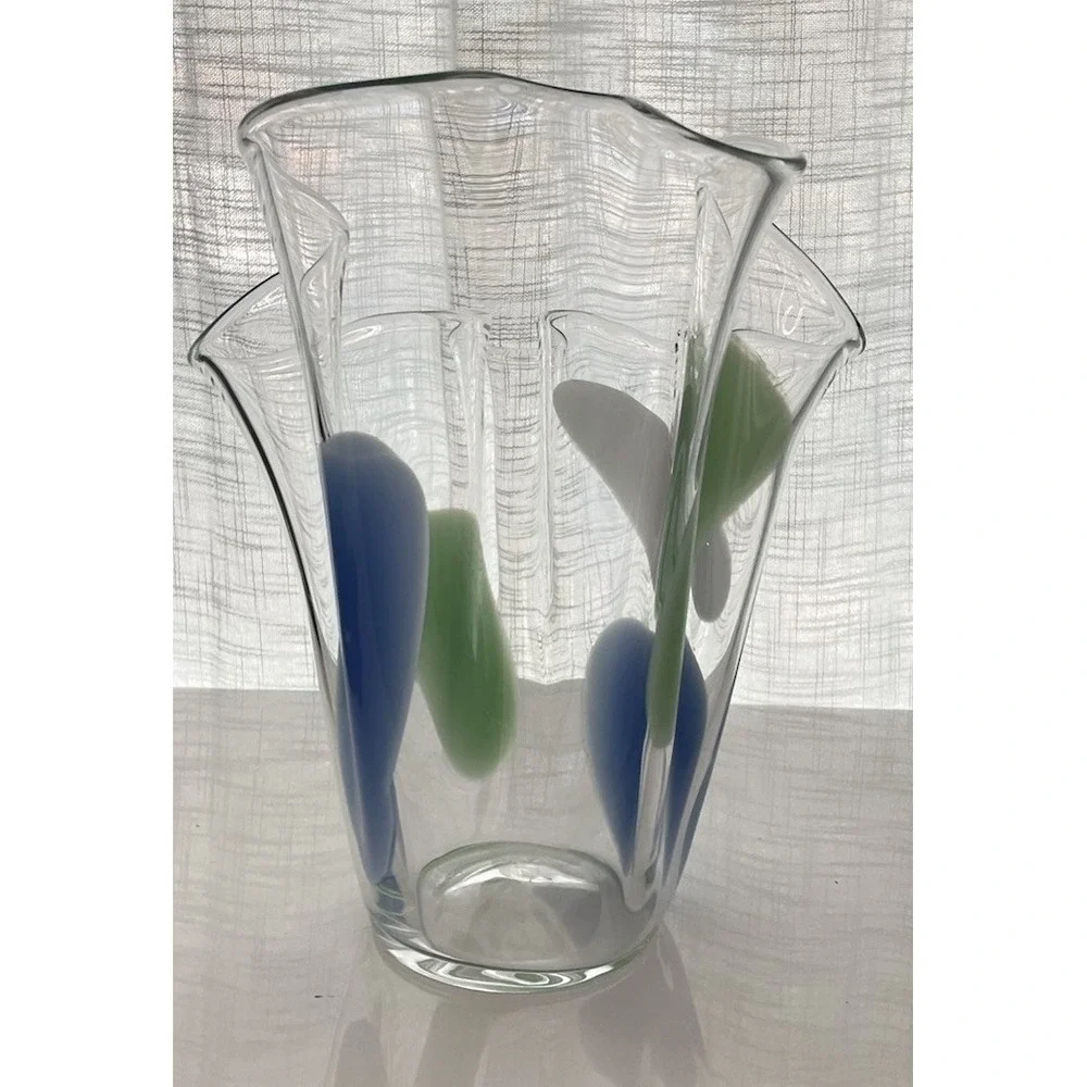 Murano Style‎ Studio Art Glass Vase Modern Ruffled  Rim Green Blue White Large